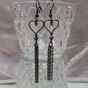 Chic Heart Drop Earrings with Blue Beads!